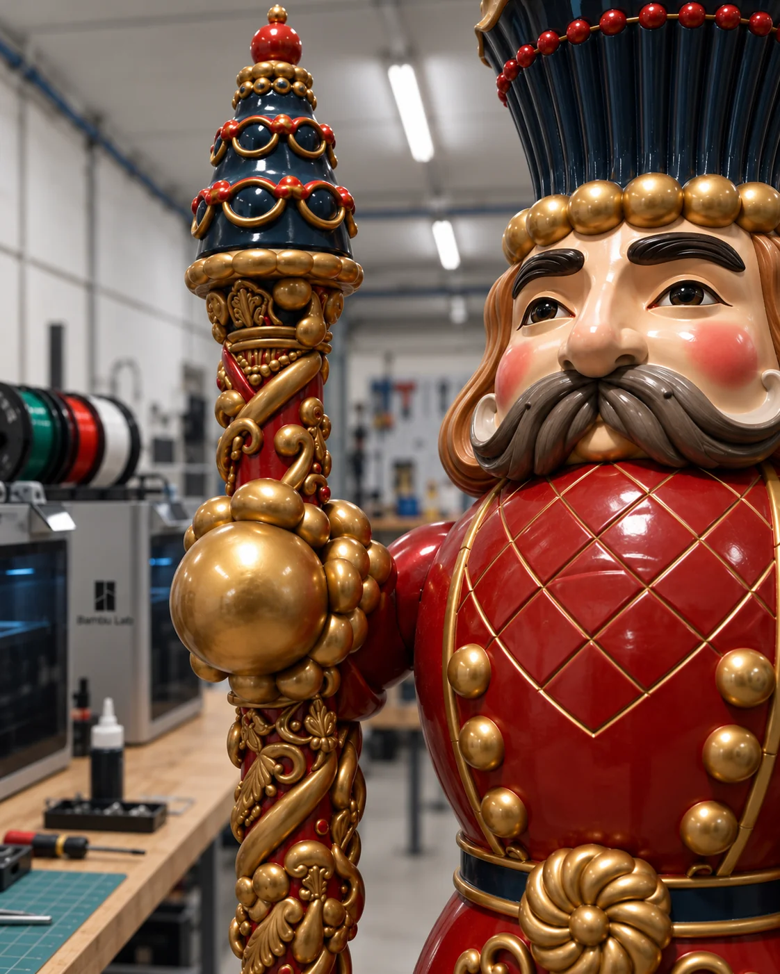 Close-up of the nutcracker staff and facial details