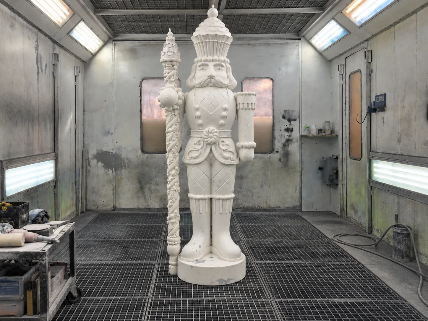 Full raw white nutcracker sculpture in the paint booth