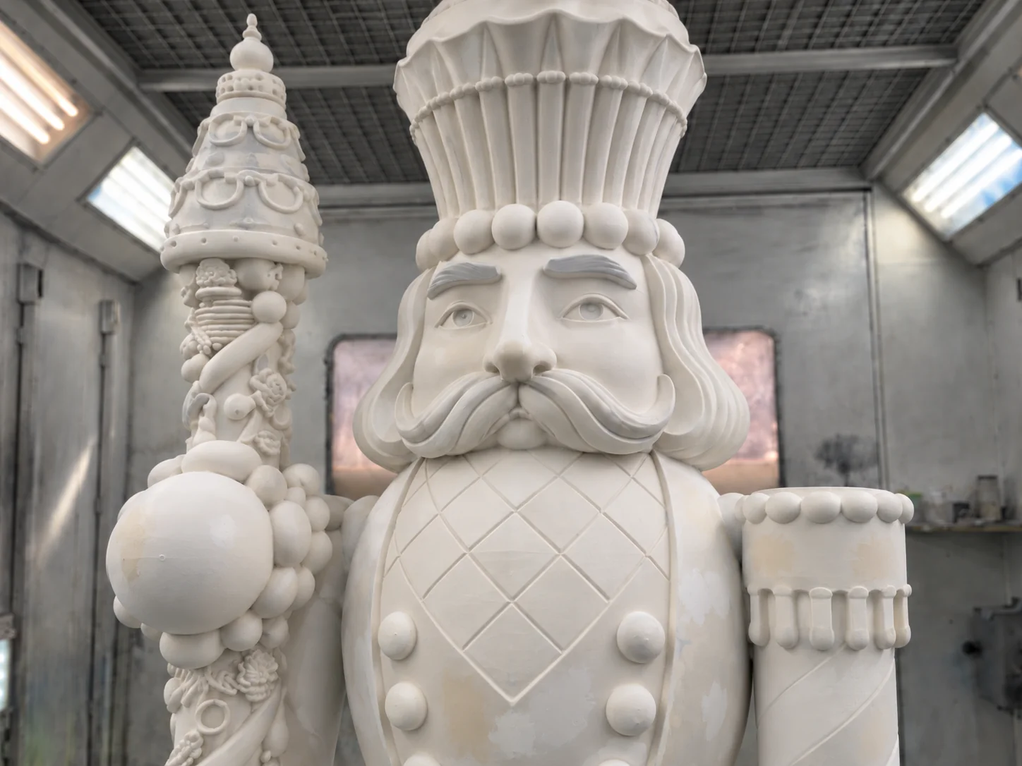 Close-up of the raw white nutcracker sculpture in the paint booth
