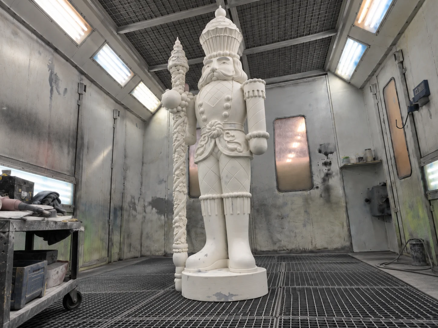 Low three-quarter view of the raw white nutcracker sculpture