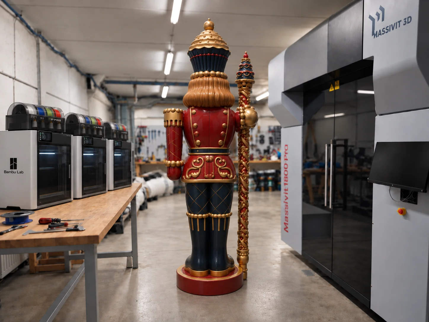 Rear view of the finished giant nutcracker in the workshop
