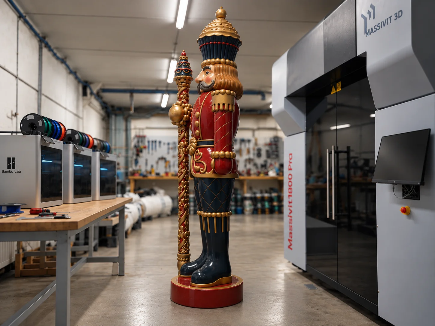 Side profile of the finished giant nutcracker in the workshop