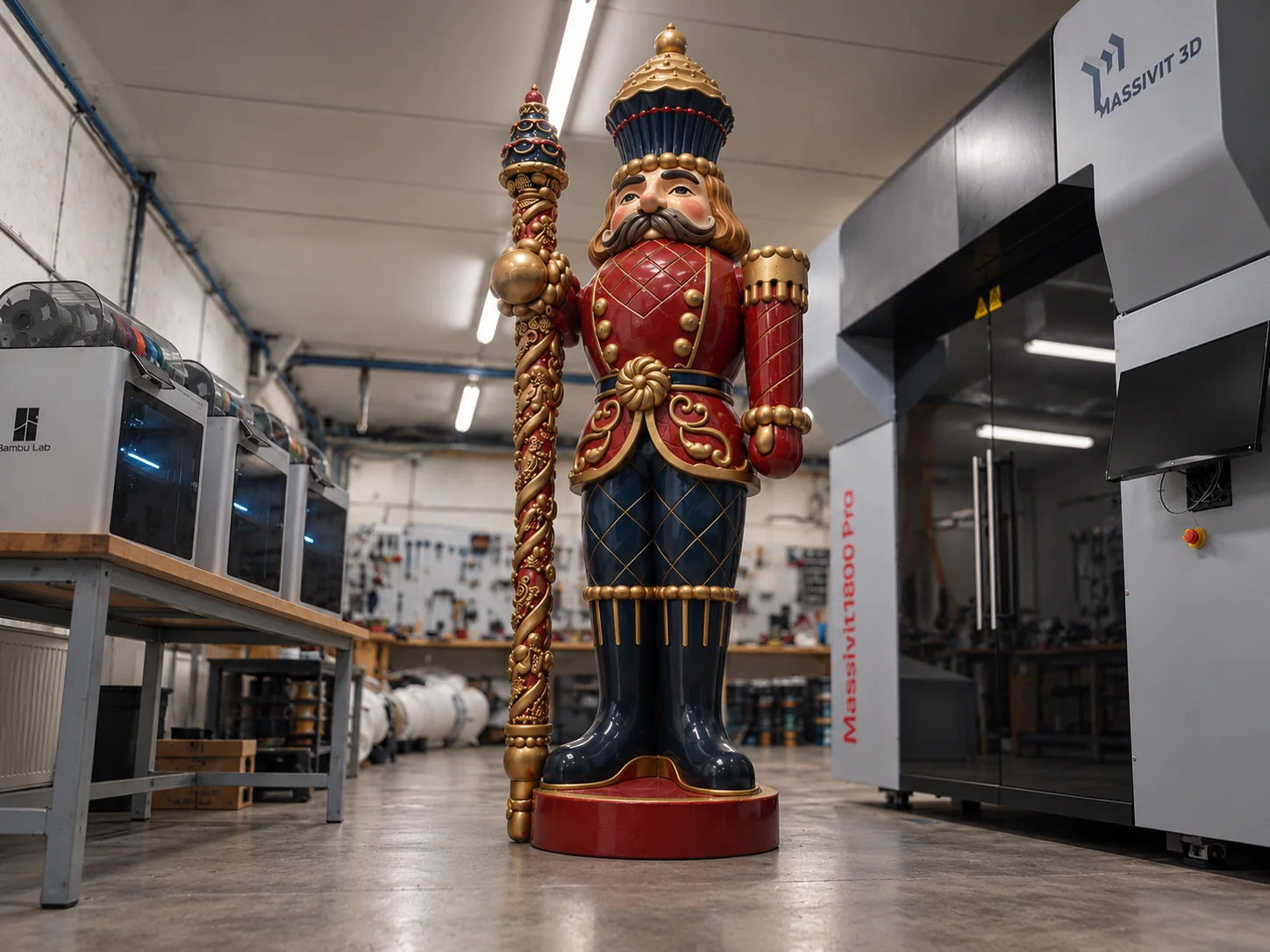 Low three-quarter full-body view of the finished giant nutcracker