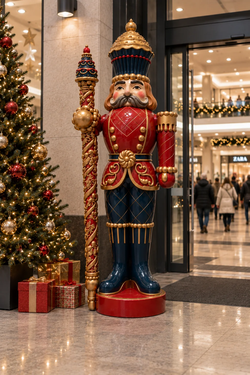 Giant nutcracker installed beside a Christmas tree in a shopping mall