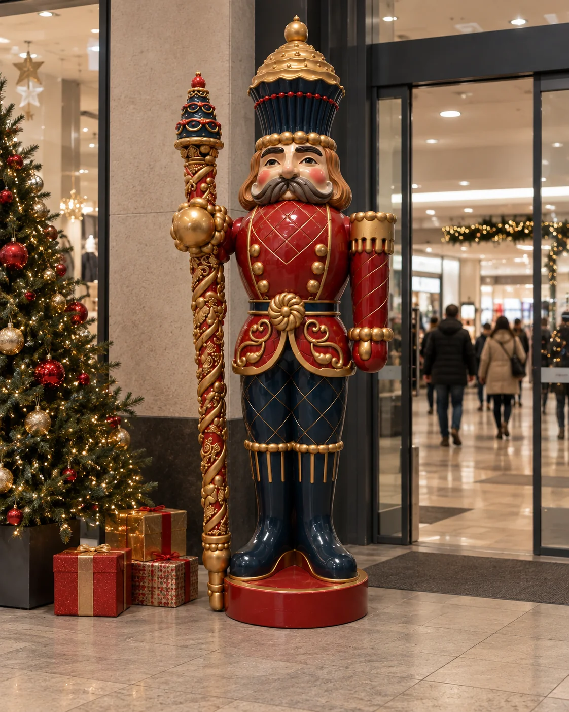 Full view of the giant nutcracker in its shopping-mall setting
