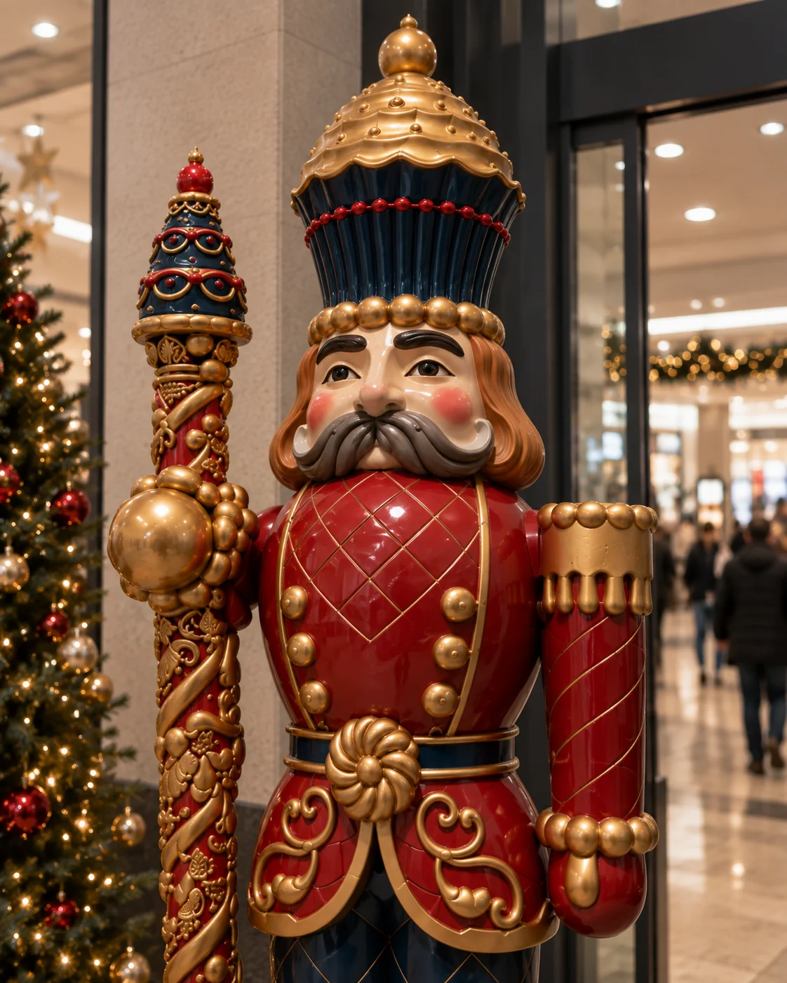 Close-up of the installed giant nutcracker in a shopping mall