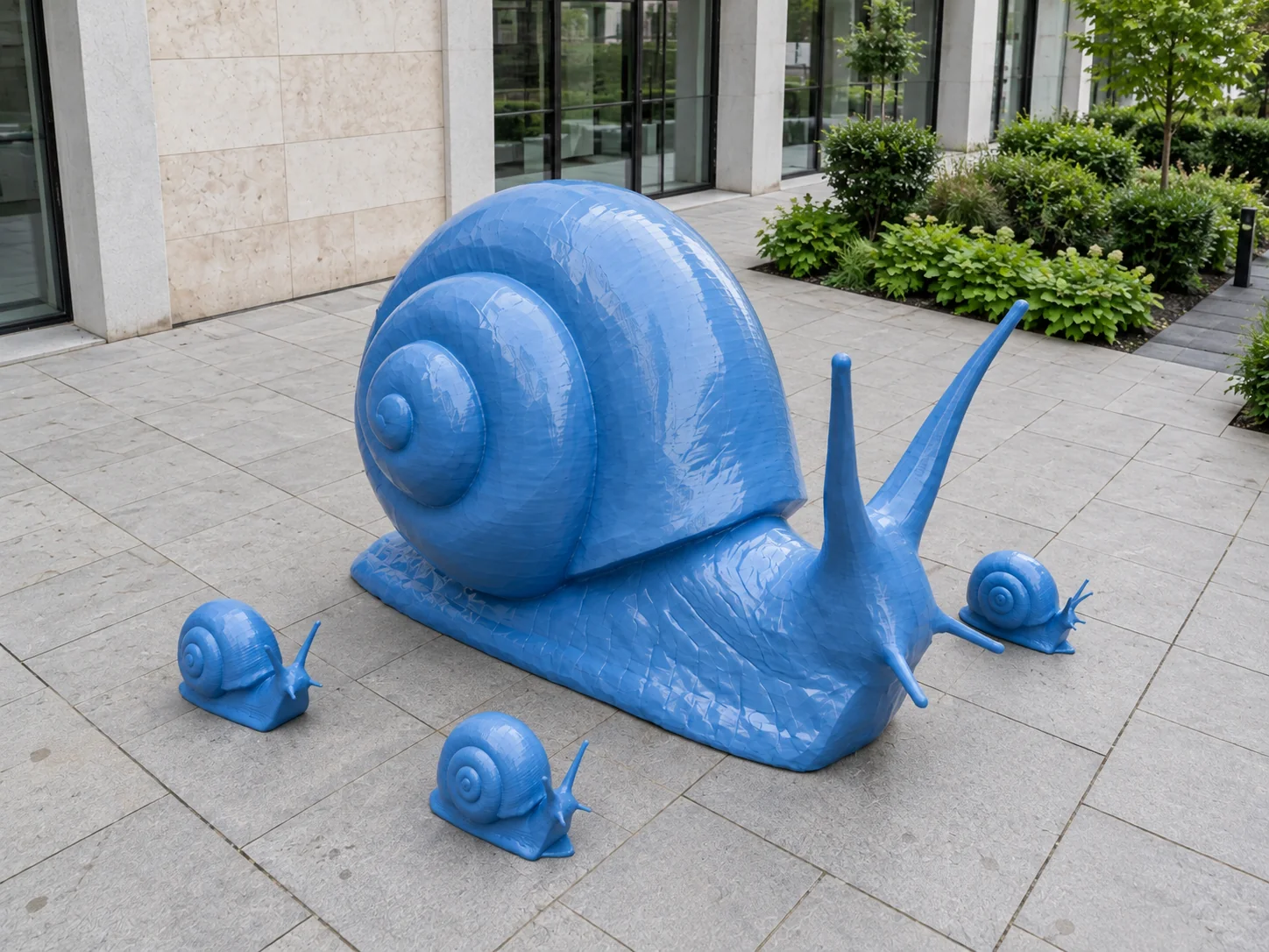 Elevated view of the blue snail family installation