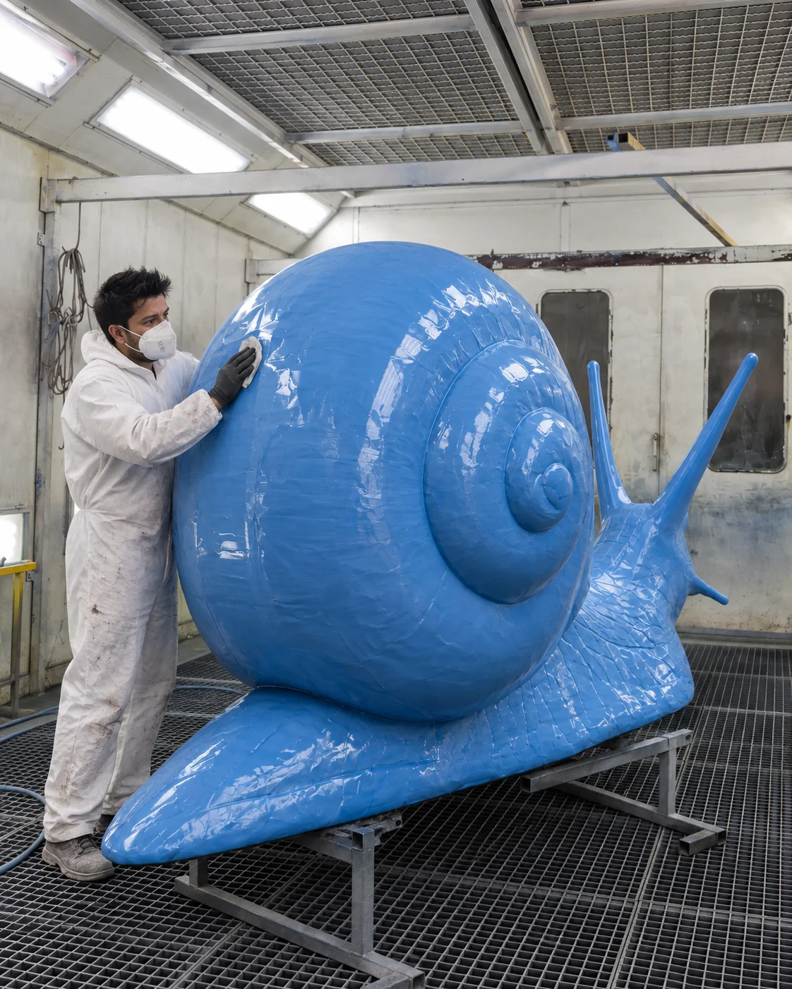Finishing the blue snail sculpture in the workshop